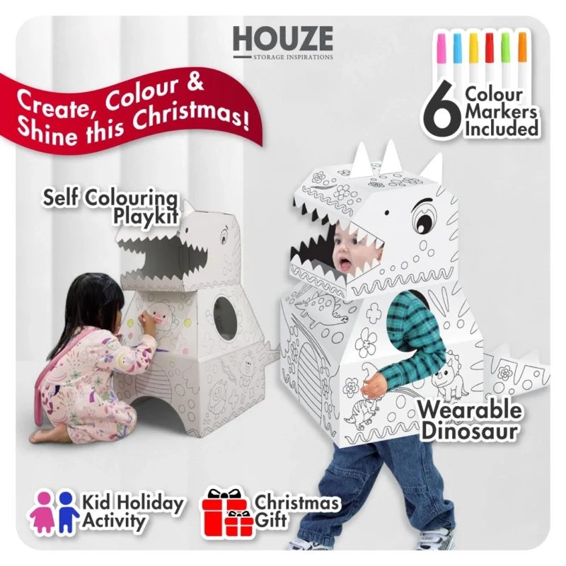 HOUZE - Kids Wearable Cardboard Craft Self-Coloring Playkit | Holiday Fun | Family Bonding | Xmas Gift - Free 6 Markers