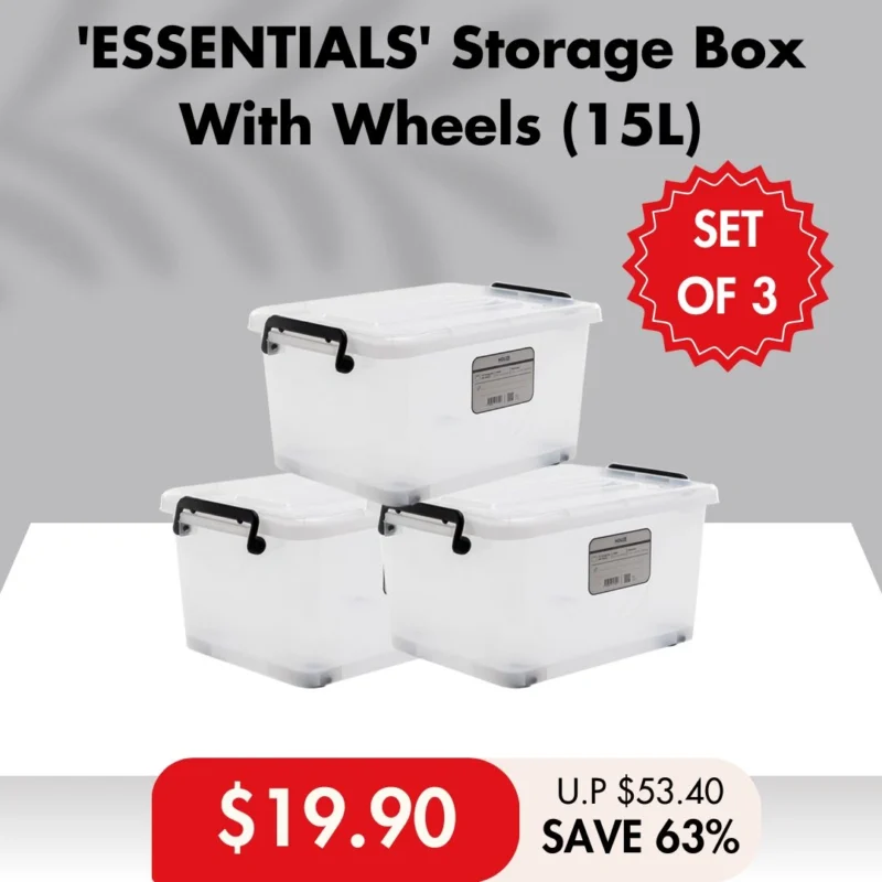 [SET OF 3] 'ESSENTIALS' Storage Box With Wheels 5 Sizes 15L|35L|55L|75L|95L (Clear)