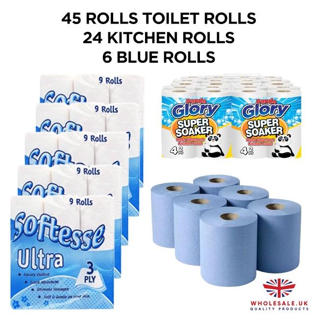 45 x Toilet Rolls 3ply, 24 x Kitchen Rolls, 6 x Blue Rolls, Luxury Quilted, Soft and Gentle, Flushable Eco-friendly Disposable Sustainable, Family Sheets Wipes soft bathroom Set